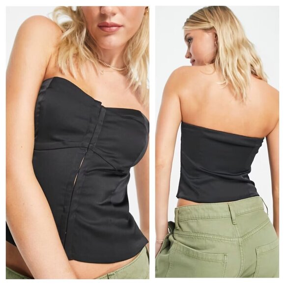 NWT Abercrombie & Fitch Strapless Hook and Eye Corset Top Silky Black Women's M - Picture 1 of 8
